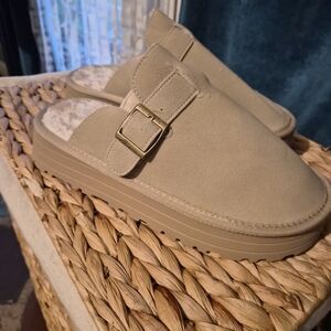Tan Suede Buckle Slip-On Clogs
